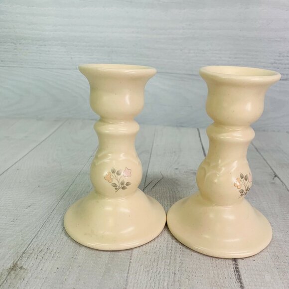 Pfaltzgraff REMEMBRANCE Stoneware Peach Pink Floral 5" Candle Stick Holders Set - Picture 4 of 9
